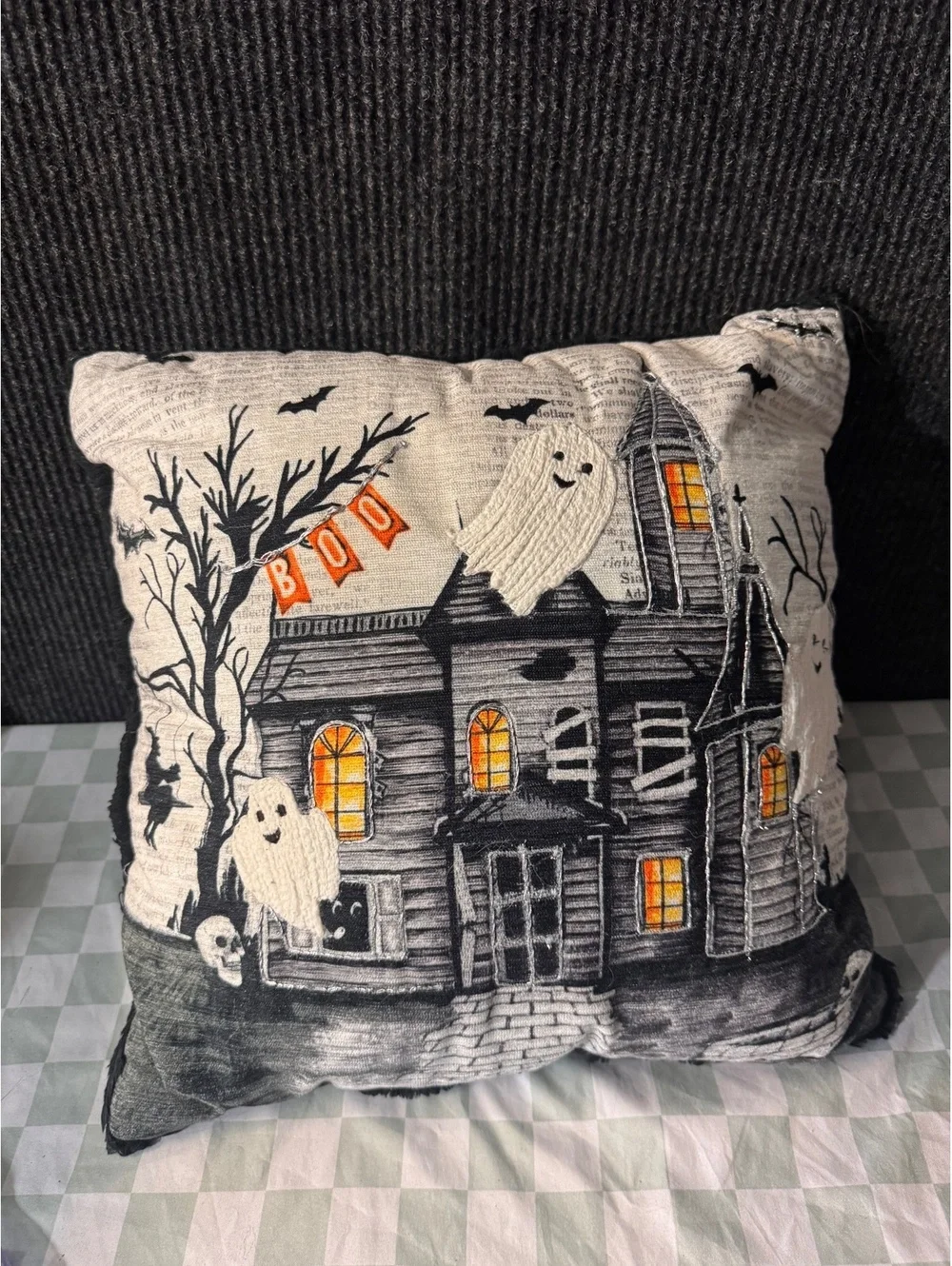 Halloween Haunted House Decorative Pillow with Ghosts and BOO Banner
